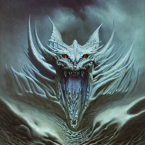 Prompt: blue eyes white dragon by zdzisław beksiński