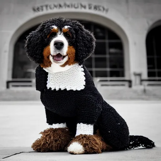 Image similar to a closeup photorealistic photograph of a cute smiling knitted bernedoodle judge dog dressed in a black gown, presiding over the courthouse. indoor image, professional capture, well lit shot. this 4 k hd image is trending on artstation, featured on behance, well - rendered, extra crisp, features intricate detail, epic composition and the style of unreal engine.