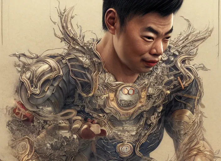 Image similar to an insanely detailed painting of an asian man wearing a homemade superhero costume, sitting at a desk, staring seriously at the computer and typing, in the style of peter mohrbacher, james jean, artgerm, dramatic lighting and composition, surreal background, octane render, pixar, trending on artstation, concept art, comic book, view from behind, 8 k