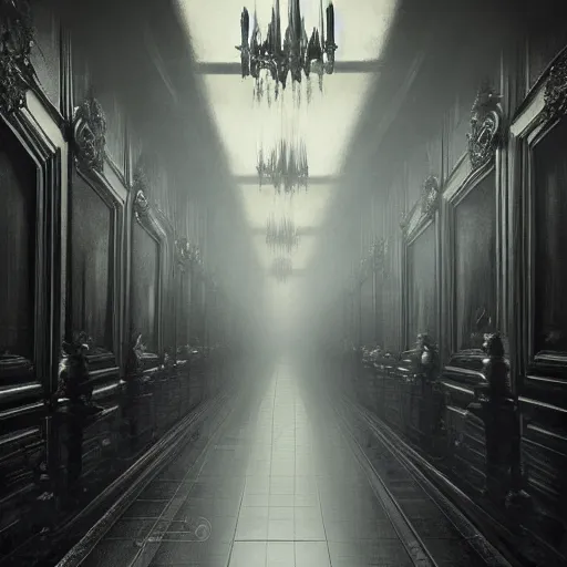 Image similar to a long hallway of mirrors. victorian interior, with many mirrors, elegant design, haunting atmosphere, dark lighting, gothic, horror style, scary, swirling fog, volumetric lighting, by greg rutkowski, realistic, dutch angle,