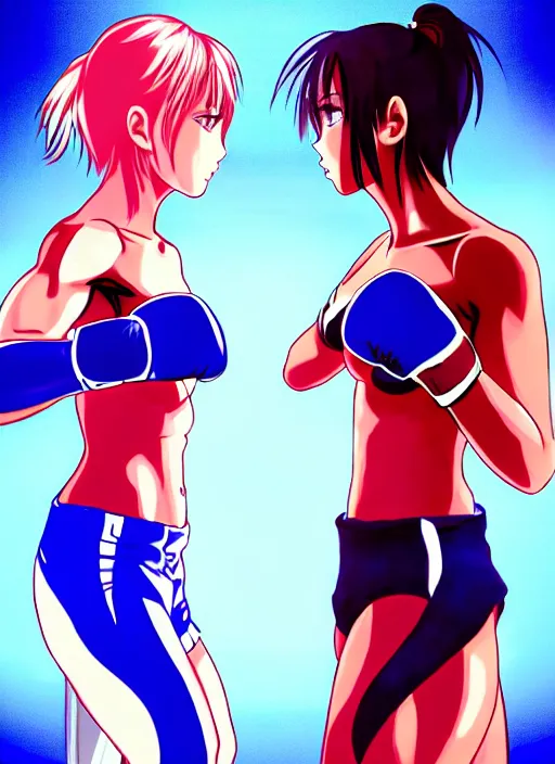 Prompt: two beautiful female boxers facing each other, dim lighting, gorgeous features, smooth, detailed anime art