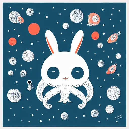 Image similar to a simplified vector based illustration about a very cute galactic octopus bunny, style of Akira motion movie, space colors, smooth and clean vector curves, no jagged lines, vinyl cut ready