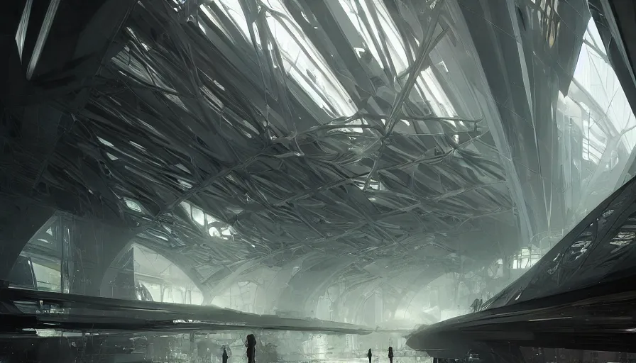 Image similar to futuristic megastructure interior, light, shadows, reflections, epic composition, intricate, elegant, volumetric lighting, digital painting, highly detailed, artstation, sharp focus, illustration, concept art, ruan jia, steve mccurry