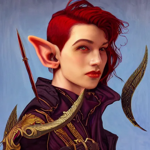 Prompt: dnd character portrait of a beautiful and androgynous half - elf with messy short red hair and dark skin tone and catlike features and yellow eyes with slit pupils, golden hour, wearing a colorful men's suit, realistic painting by kehinde wiley and ross tran and gerald brom and tasha beckwith and alphonse mucha, trending on artstation
