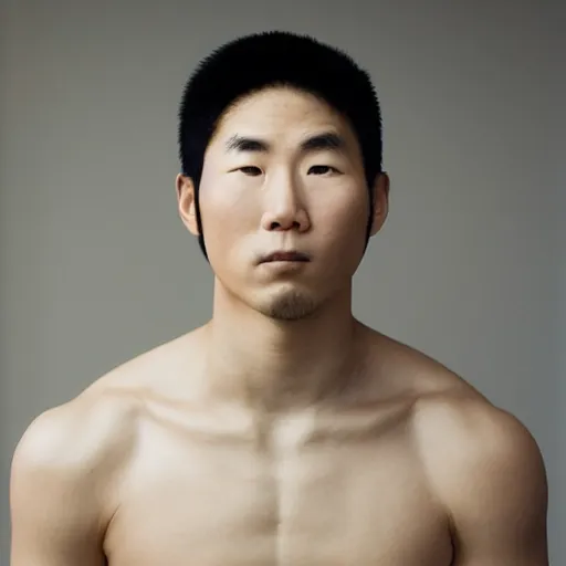 Prompt: a portrait of a athletic beautiful japanese male god, photographed by andrew thomas huang