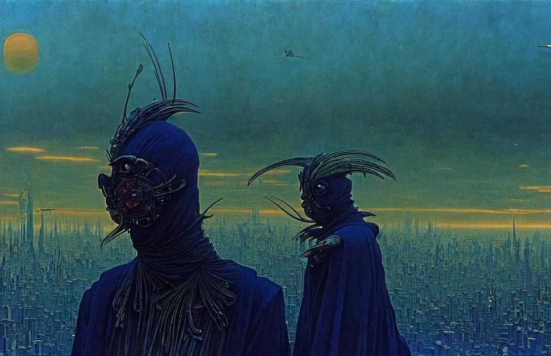Prompt: extremely detailed portrait film shot of a birdman wearing dark ragged robes, futuristic city sunset landscape background by denis villeneuve, amano, yves tanguy, alphonse mucha, ernst haeckel, max ernst, roger dean, ridley scott, dramatic closeup composition, rich moody colours, blue eyes