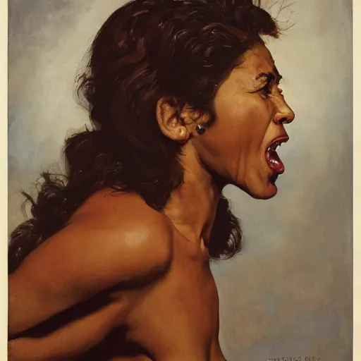 Image similar to head and shoulders portrait of brown woman, fierce, shouting, snarling, fully clothed, three quarter profile, norman rockwell, jacob collins, tom lovell, frank schoonover