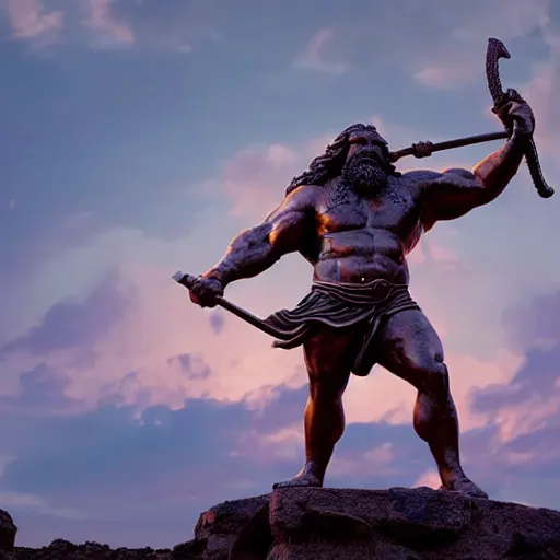 Image similar to a grand bronze statue of a burly muscular viking, wielding a large halberd threateningly in one outstretched hand, flowing hair and long robes, regal and menacing visage, built in a verdant field surrounded by ancient ruins, at dusk with purple twilight sky, enhanced 4 k stylized digital art