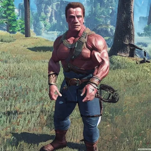 Prompt: Arnold Schwarzenegger in Breath of the Wild