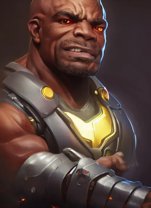 Image similar to character portrait of a fusion of Doomfist from Overwatch and Lucio from Overwatch by ArtGerm and Tom Bagshaw, 4k, highly detailed, cinematic lighting, characters merged