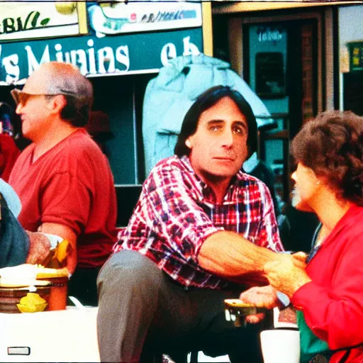 Prompt: middle - aged tourist meeting a man that looks a lot like tony danza from who's the boss in a flea market 1 9 8 7 candid kodachrome photo - 4