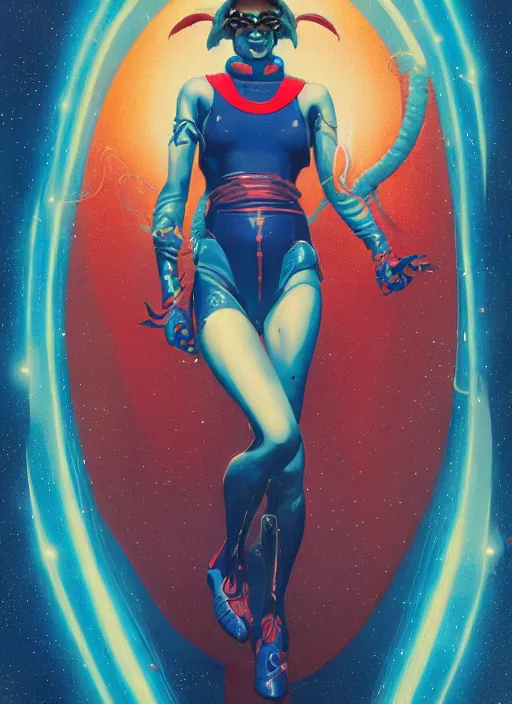 Prompt: retro 7 0's badass spacegirl, beautiful portrait, centered face, by thomas river and mike huddleston, pascal blanche illustration, dark blue and red, hypermaximalist, hajime sorayama, greg rutkowski, peter mohrbacher, mike mignola, moebius, intricate ink illustration