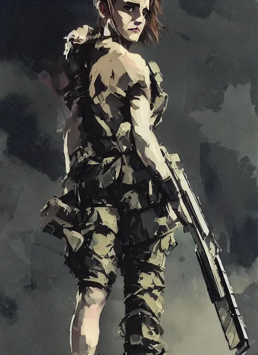 Image similar to emma watson wearing metal gear armor holding ak-47 dramatic lighting art by Yoji Shinkawa by Richard Schmid by greg rutkowski by Sandra Chevrier by Jeremy Lipking cinematic dramatic