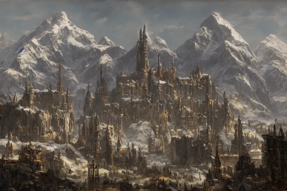 Prompt: the garlean empire, industrial citadel of black domes and spires, snow capped mountains