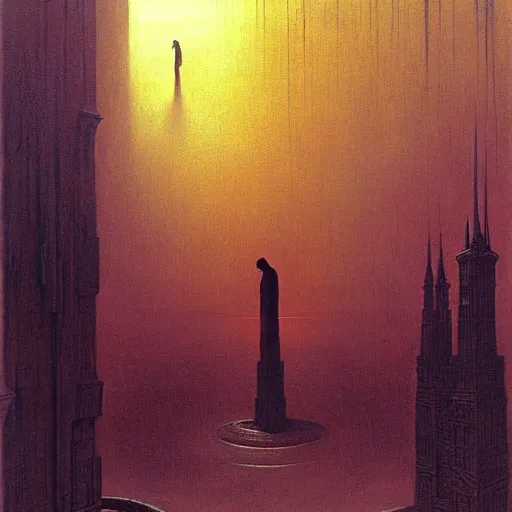 Prompt: a giant priest stands over a city painting by beksinski, barlowe colors. masterpiece painting