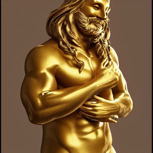 Prompt: a flawless, purely golden sculpture of a man with long hair, with trimmed beard, smiling widely, casting golden light. entirely golden statue, extremely detailed, full-body statue, award-winning art, trending on Artstation