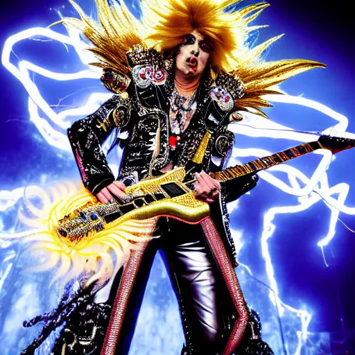 Image similar to uhd photorealistic detailed image of max voltage, the rock and roll emperor, dressed as a hair metal emperor, powering up, wearing extremely intricate rock and roll emperor costume and emperor makeup, with an emperor's electric guitar, by ayami kojima, amano, and karol bak