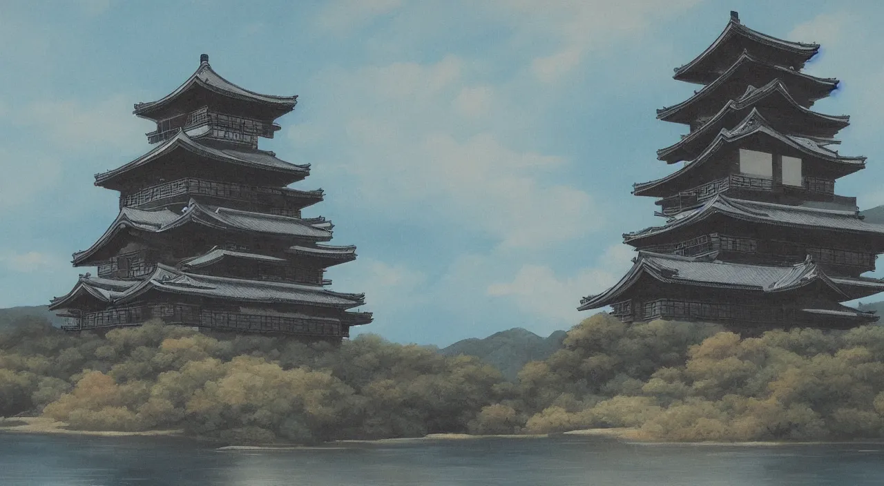 Prompt: a landscape painting of a Japanese castle, trending on artstation