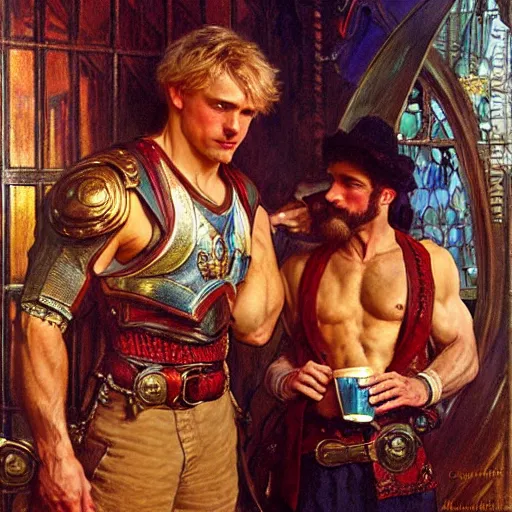 Image similar to attractive muscular arthur pendragon and muscular attractive merlin go to a pub together to have some drinks. highly detailed painting by gaston bussiere, craig mullins, j. c. leyendecker, alphonse mucha 8 k