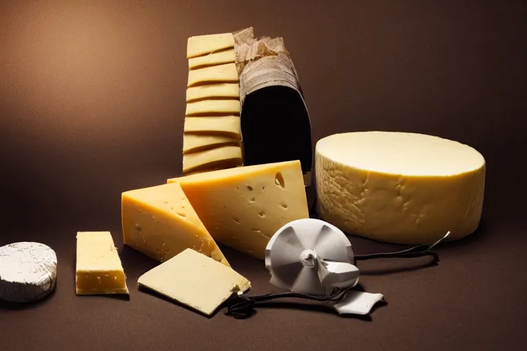 Prompt: a camera made of various types of cheese, Photo, photorealistic, details, studio lights