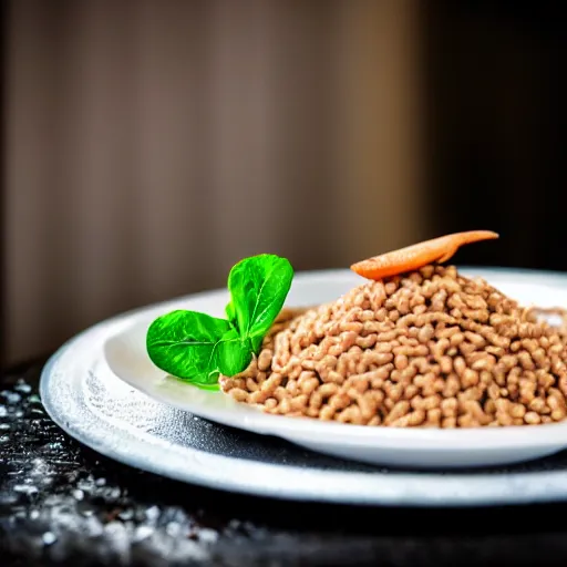 Prompt: wet dog food on a plate, gourmet michelin restaurant, food photography, DOF, F1.4