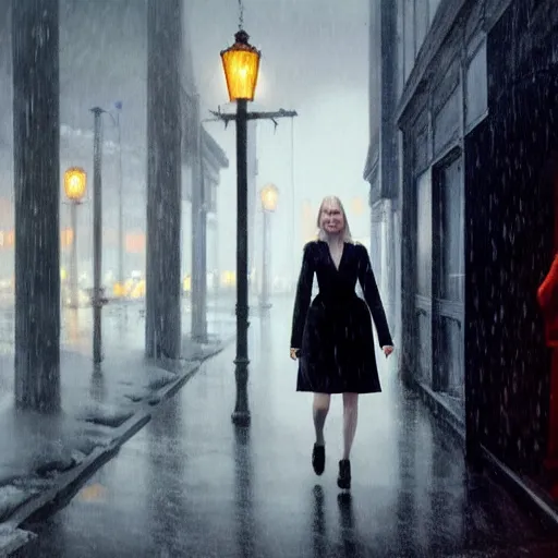 Image similar to Elle Fanning walking through LSD dream simulator in the world of Edward Hopper, stormy snowy weather, streetlights, extremely detailed masterpiece, oil on canvas, low-key neon lighting, artstation, Blade Runner 2049, Roger Deakin’s cinematography, by J. C. Leyendecker and Peter Paul Rubens,