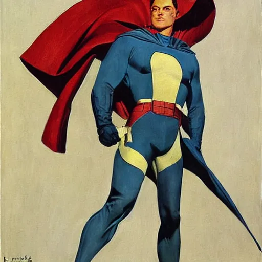 Prompt: a handsome man dressed as a superhero. beautiful painting with highly detailed face by leyendecker