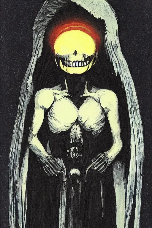 Prompt: angel of death smiling in the dark night, art by takeshi ohbata
