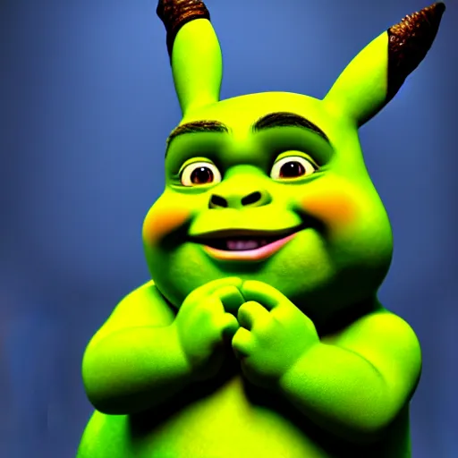 Image similar to shrek as pikachu, highly detailed, extremely high quality, hd, 4 k, 8 k, canon 3 0 0 mm, professional photographer, 4 0 mp, lifelike, top - rated, award winning, realistic, detailed lighting, detailed shadows, sharp, no blur, edited, corrected, trending