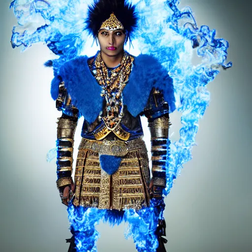 Image similar to a portrait of a beautiful young indian male wearing an alexander mcqueen armor made of blue fire , photographed by andrew thomas huang, artistic