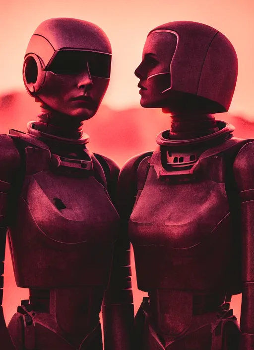 Image similar to cinestill 5 0 d photographic portrait of two loving female androids wearing rugged black techwear on a desolate plain with a brutalist monument and a red sky, extreme closeup, cyberpunk style, dust storm, 8 k, hd, high resolution, 3 5 mm, f / 3 2, ultra realistic faces, ex machina