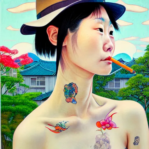 Image similar to full view, from a distance, of taiwanese girl with tattoos, wearing a cowboy hat, standing at the window, style of yoshii chie and hikari shimoda and martine johanna and edward hopper, highly detailed