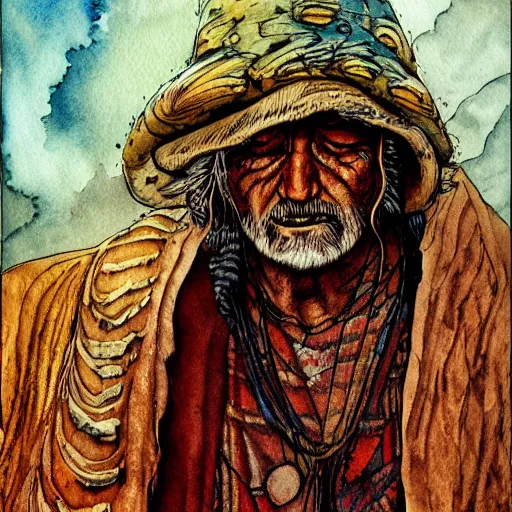 Image similar to very old shaman burns from inside, old gray haired mexican mage close his eyes no pain, watercolor ink painting, in the style of jean giraud, in the style of moebius, detailed realistic hd 8 k high resolution