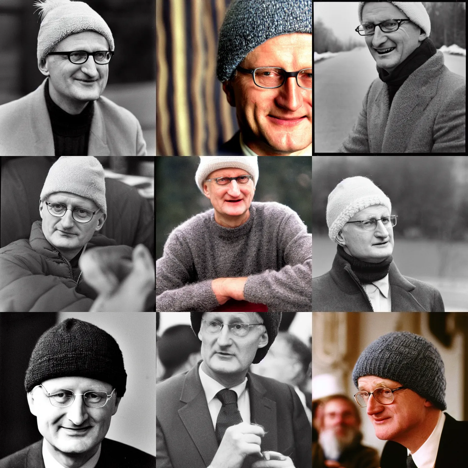 Prompt: Carl Bildt with a wooly hat, 35mm photograph