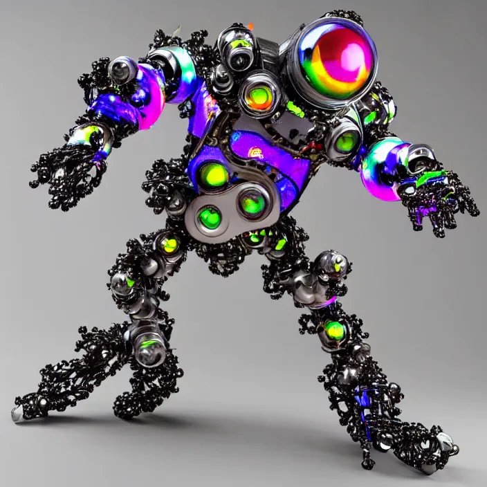 Image similar to a cybernetic symbiosis of a single astronaut mech-organic eva suit made of pearlescent wearing anodized thread knitted shiny ceramic multi colored yarn thread infected with kevlar,ferrofluid drips,carbon fiber,ceramic cracks,gaseous blob materials and diamond 3d fractal lace iridescent bubble 3d skin dotted covered with orb stalks of insectoid compound eye camera lenses orbs floats through the living room, film still from the movie directed by Denis Villeneuve with art direction by Salvador Dalí, wide lens,