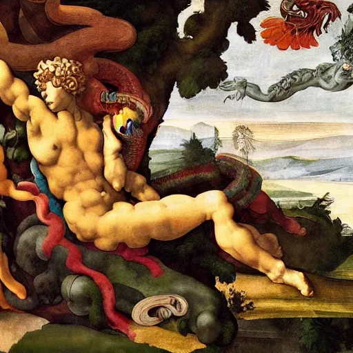 Prompt: high quality, high detail painting by michelangelo, high garden scene with quetzalcoatl, hd, muted lighting