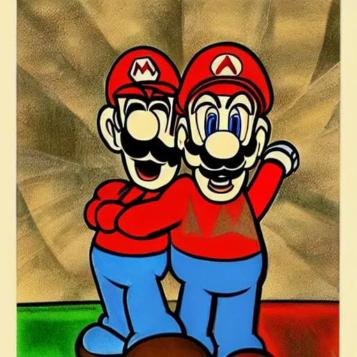 Image similar to a portrait of mario and luigi of super mario brothers, by h. r. giger