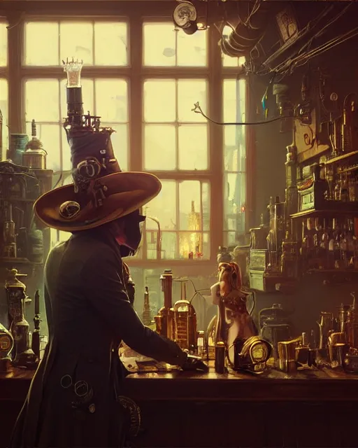 Prompt: highly detailed surreal vfx portrait of a steampunk cowboy in a cyberpunk saloon, stephen bliss, unreal engine, greg rutkowski, loish, rhads, beeple, makoto shinkai and lois van baarle, ilya kuvshinov, rossdraws, tom bagshaw, alphonse mucha, global illumination, detailed and intricate environment