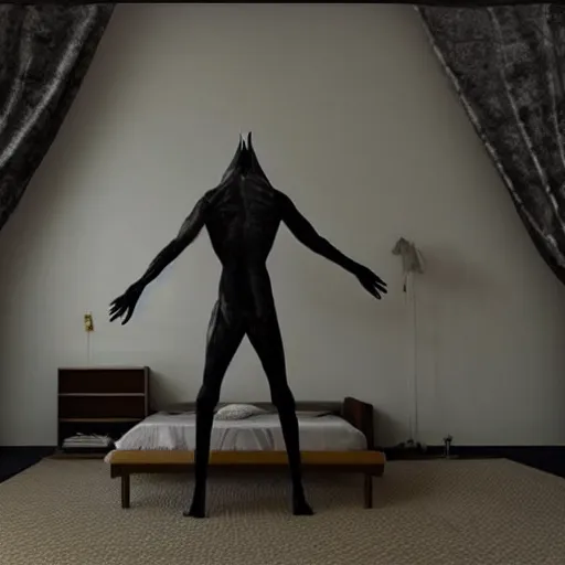 Prompt: sleep paralysis demon standing next to a bed first - person view photo - realistic