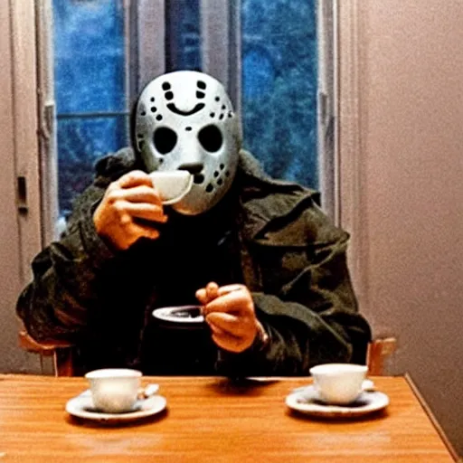 Image similar to photograph of jason voorhees having a coffee at an european caffé