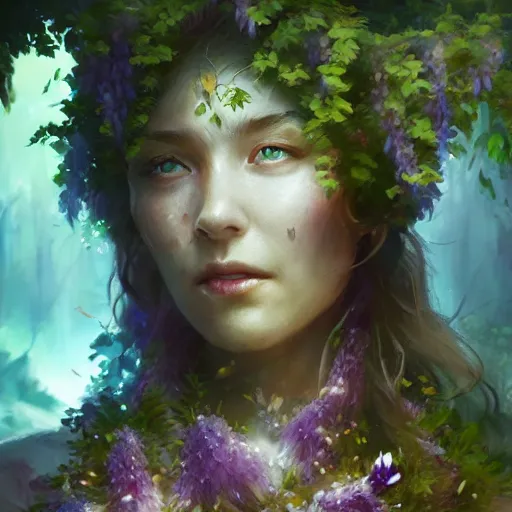 Image similar to female druid, floral explosion, radiant light, vortex of wisteria petals, oil painting, Tooth Wu, Greg Rutkowski, RPG portrait, dynamic lighting, fantasy art, High contrast, depth of field