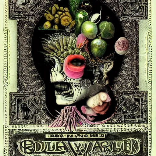 Image similar to post - punk new age album cover, asymmetrical design, frame of a dollar bank notes, capitalism, magic, apocalypse, psychedelic, black white pink, magic, giger h. r., giuseppe arcimboldo