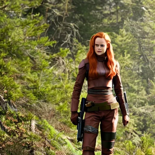 Prompt: close - up movie still of cute redhead alicia silverstone as bounty hunter mara jade on the forested mountain planet wayland in star wars episode vii : heir to the empire