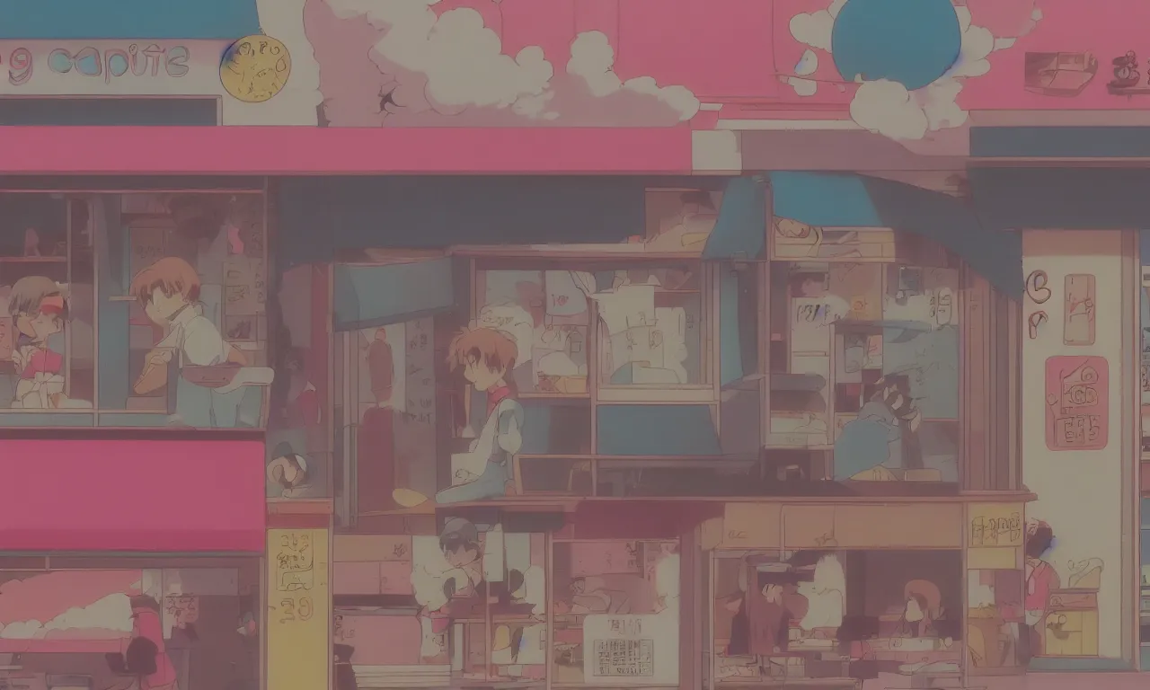 Image similar to A cute aesthetic still frame from an 80's or 90's anime, closeup of a cafe