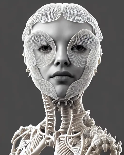 Image similar to bw 3 d render, stunning beautiful young cute biomechanical albino female cyborg with a porcelain profile face, angelic, rim light, big leaves and stems, roots, fine foliage lace, alexander mcqueen, art nouveau fashion embroidered, steampunk, silver filigree details, hexagonal mesh wire, mandelbrot fractal, elegant, artstation trending