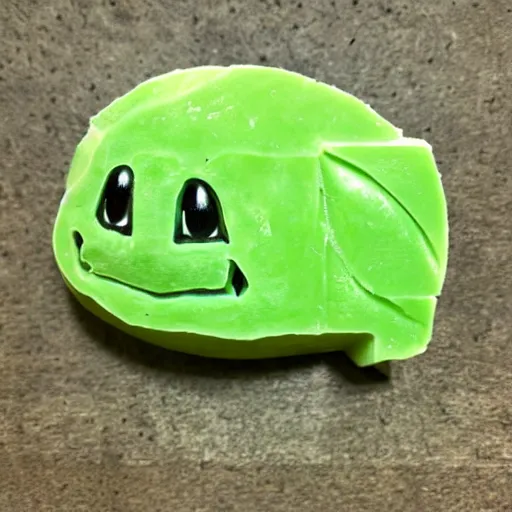 Prompt: bulbasaur carved out of lime green bar of soap