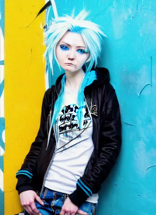 Prompt: highly detailed portrait of a city punk lady student, blue eyes, hoodie, white hair by akira toriyama, gradient yellow, black, brown and cyan blue color scheme, grunge aesthetic!!! ( ( graffiti tag wall background ) )