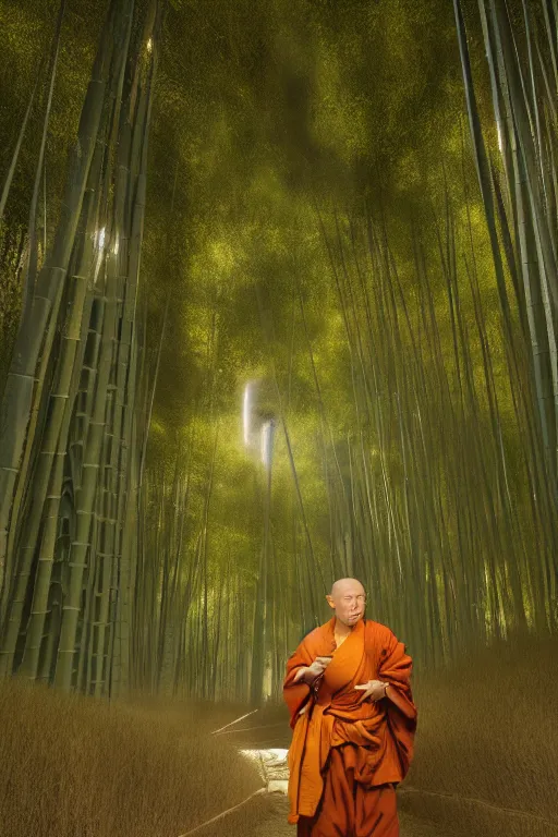 Prompt: a komuso monk wearing a straw basket worn on the head in a mysterious japanese bamboo forest with light shafts, atmospheric lighting, by greg rutkowski, ultra realistic, concept art, intricate details, highly detailed, photorealistic, octane render, 8 k, unreal engine
