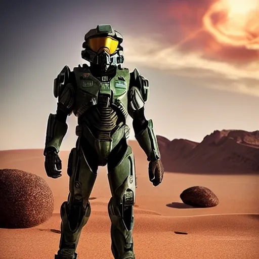 Image similar to ultra realistic on location photograph of master chief on a desert planet. epic image. action pose. explosions. sunrise. canon. carl zeiss