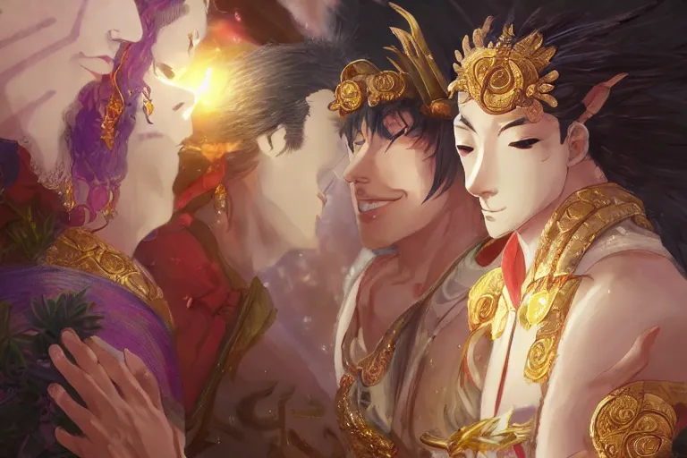 Image similar to close up moment of a divine a japan sun god and a moon goddess lovers magician at a wedding banquet, highly detailed, d & d, fantasy, 4 k realistic, digital painting, trending on artstation, concept art, sharp focus, illustration, art by makoto shinkai and akihiko yoshida and daniel gerhartz